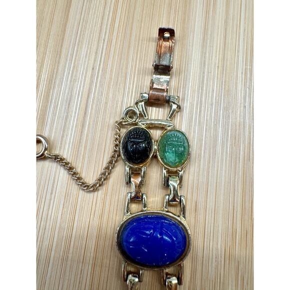 Vintage Scarab Beetle Bracelet Multi Stone Egyptian Revival Gold Tone80 - Picture 4 of 4